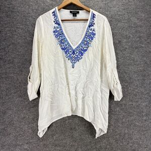 5/$45 Karen Kane Blouse Women S Small White  Embroidered V-Neck 3/4 Sleeve